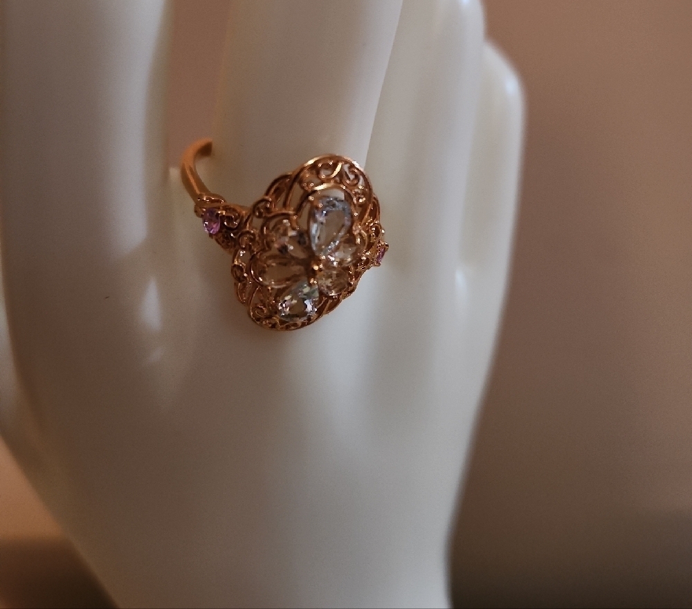 JTV Morganite Aquamarine Pink Sapphire Ring 18K Rose Gold Size 11